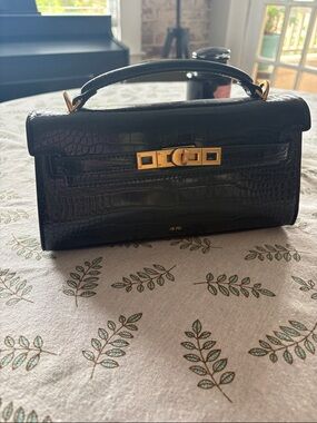 JW PEI Black Croc-Embossed Mini Top-Handle with Gold Hardware